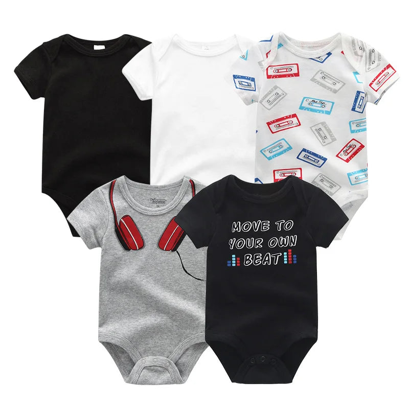 Infant Cotton Bodysuits 5-Pack with Short Sleeves and Envelope Shoulders, Solid Colors and Playful Prints for Baby Boys and Girls, Sizes 3M-12M