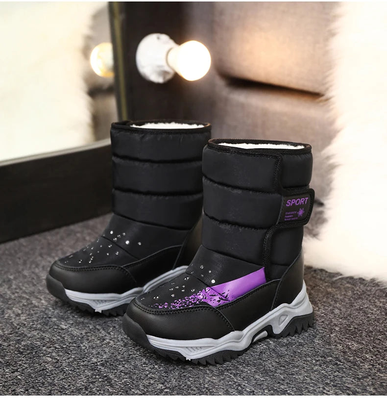 Kids Plush-Lined Winter Boots with Padded Shafts and Front Flap Closures, Pink or Purple Snow-Style Footwear for Boys and Girls