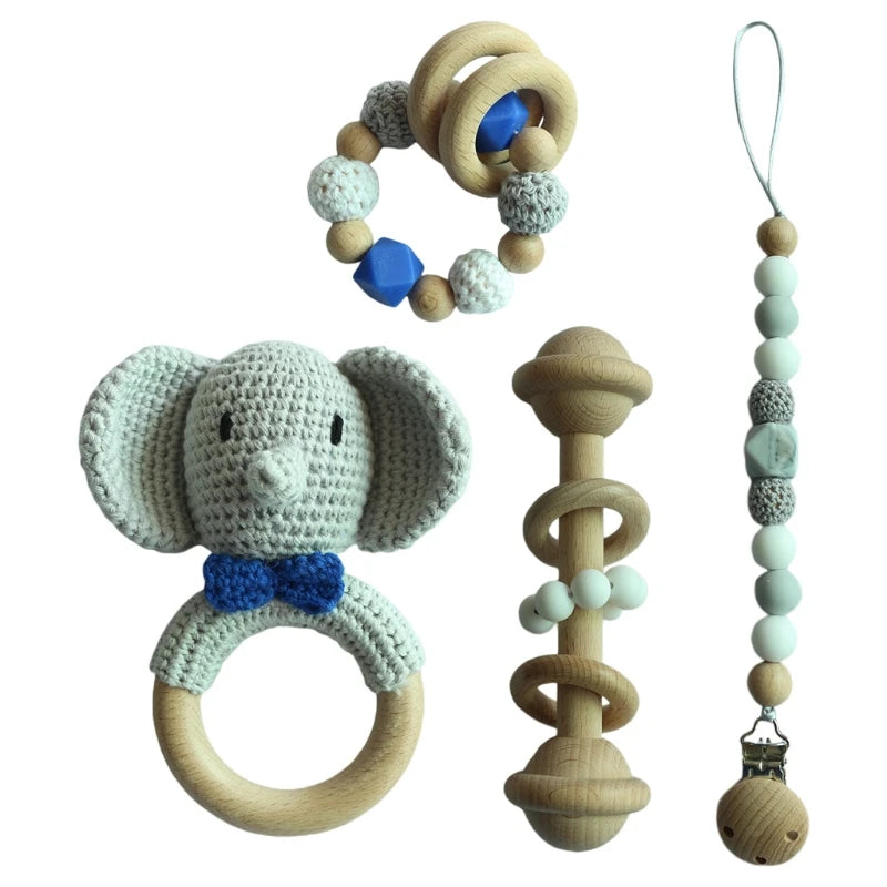 Crochet Animal Rattle Set with Wooden Ring and Coordinating Accessories, Rabbit, Deer and More Designs for Supervised Play and Baby Shower Gifts