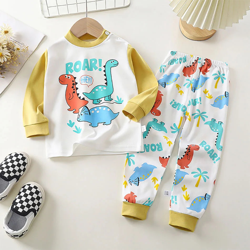 Dinosaur Print Kids Cotton Two-Piece Set with Long Sleeve Top and Matching Cuffed Pants, Unisex Baby and Toddler Outfit in Sizes 73-130