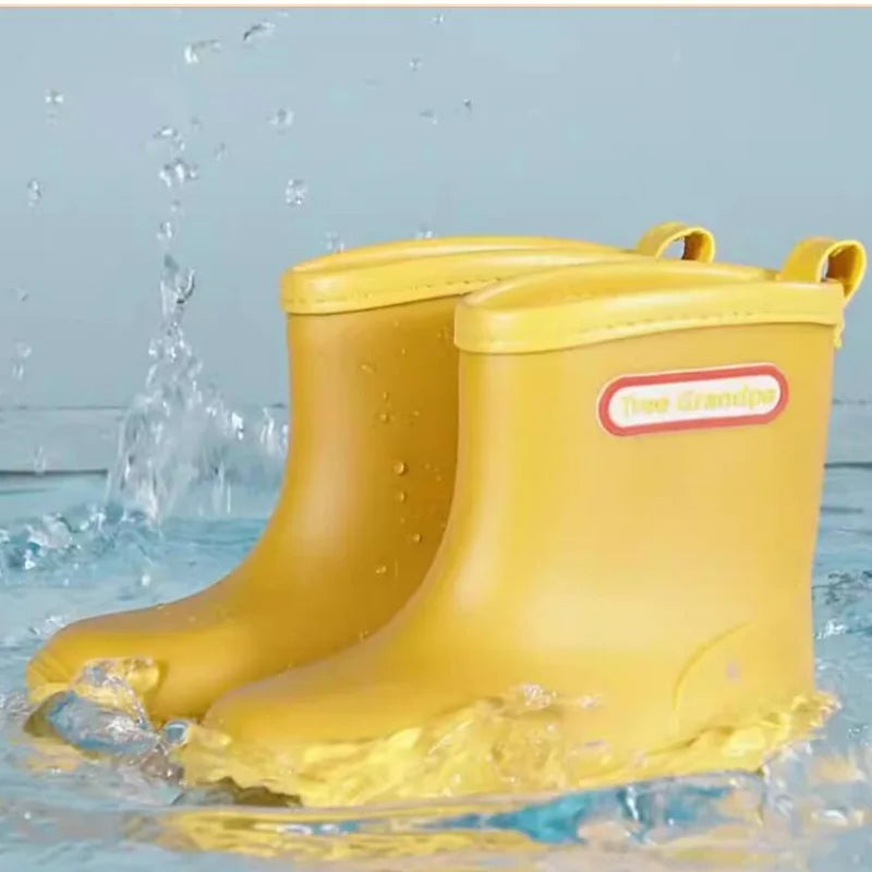 Solid Color Kids Rain Boots in PVC with Rear Pull Tabs, Mid-Calf Pull-On Rainy-Day Shoes for Boys and Girls, Eight Colors and Listed Sizes 5-12