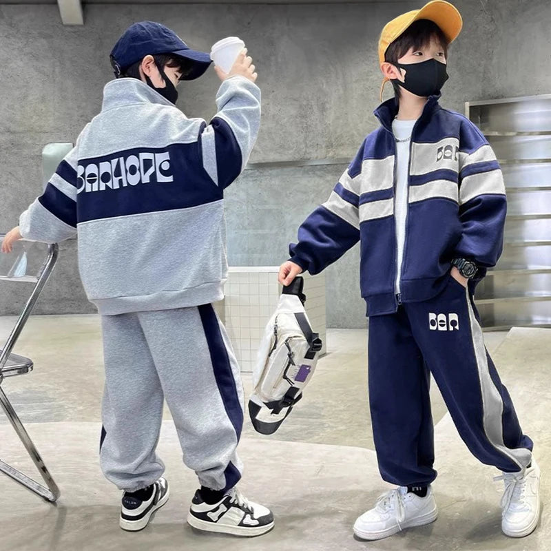 Colorblock Boys Tracksuit with Stand-Collar Zip-Up Jacket and Matching Jogger Pants, Gray or Navy Two-Piece Casual Outfit for Ages 4-12