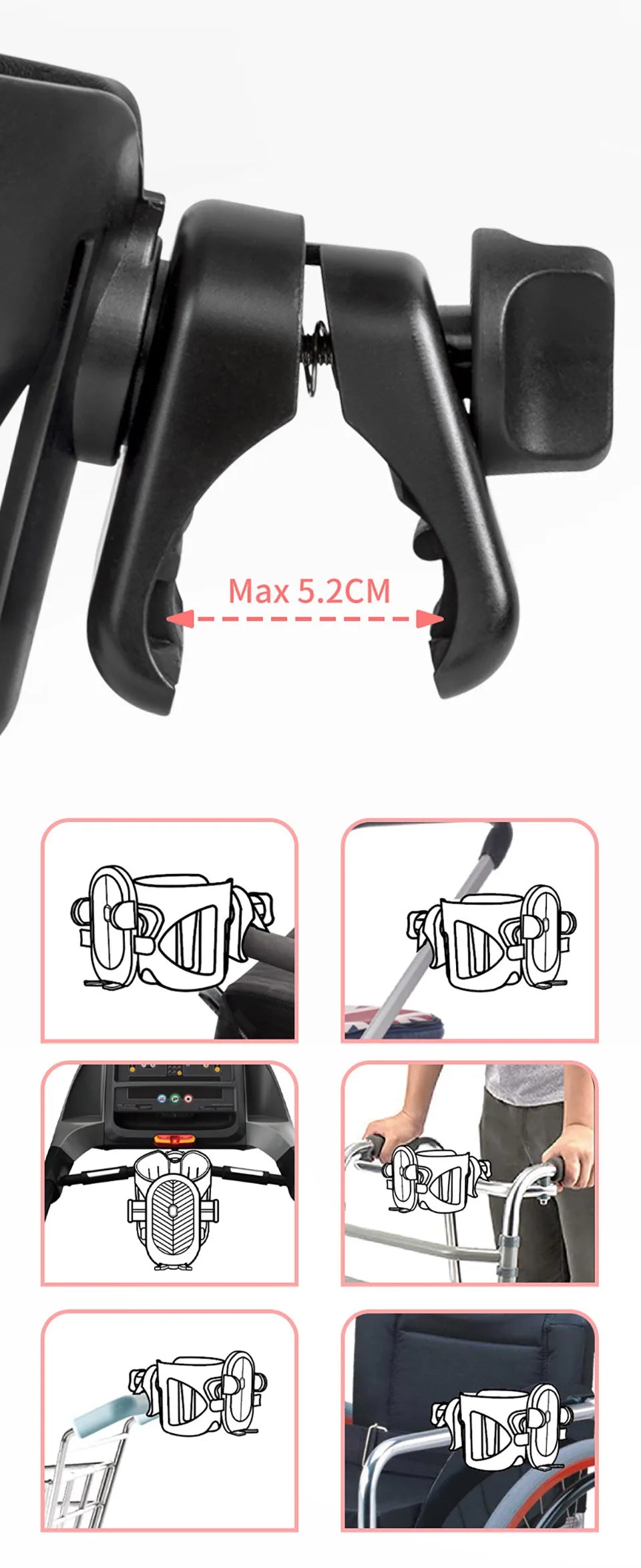Stroller Drink and Phone Holder with Handlebar Clamp, Black Cup and Bottle Organizer with Separate Phone Cradle for Parent Walks and Family Outings