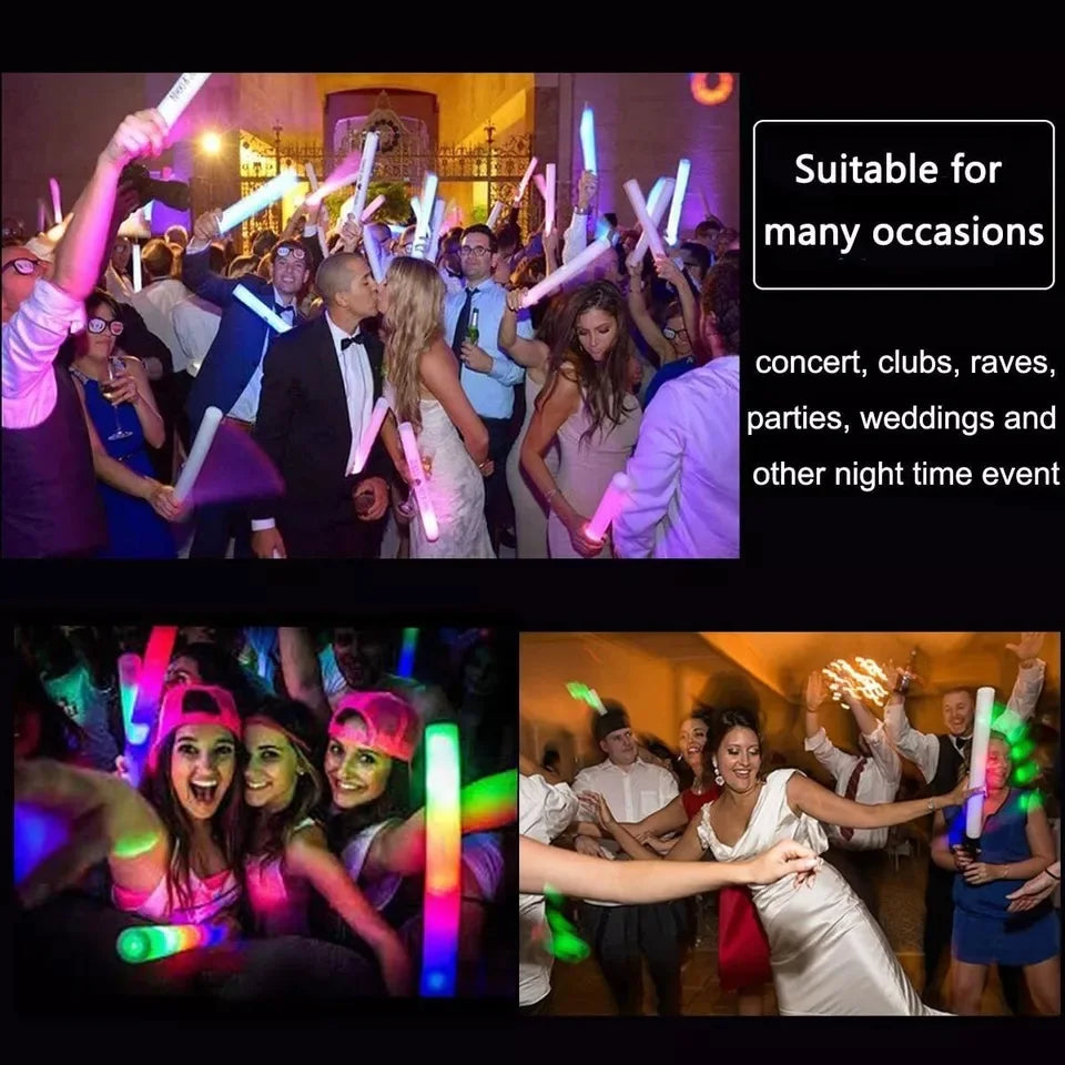 Bulk RGB LED Glow Sticks, 100-Pack Light-Up Foam Cheer Tubes with 3 Flashing Modes and Included Batteries for Weddings, Birthdays and Christmas Parties