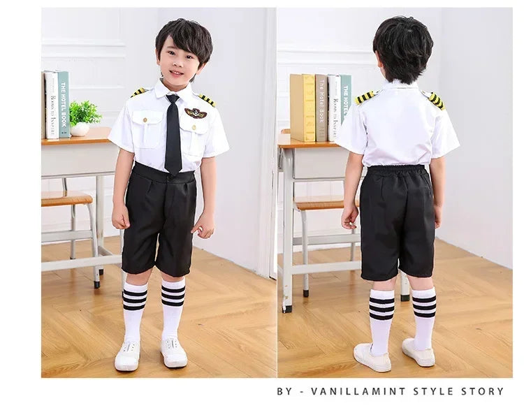 Kids Pilot Costume for Boys and Girls, Airline Captain Uniform-Style Outfit with Short Sleeve Shirt Styling for Career Day and Halloween