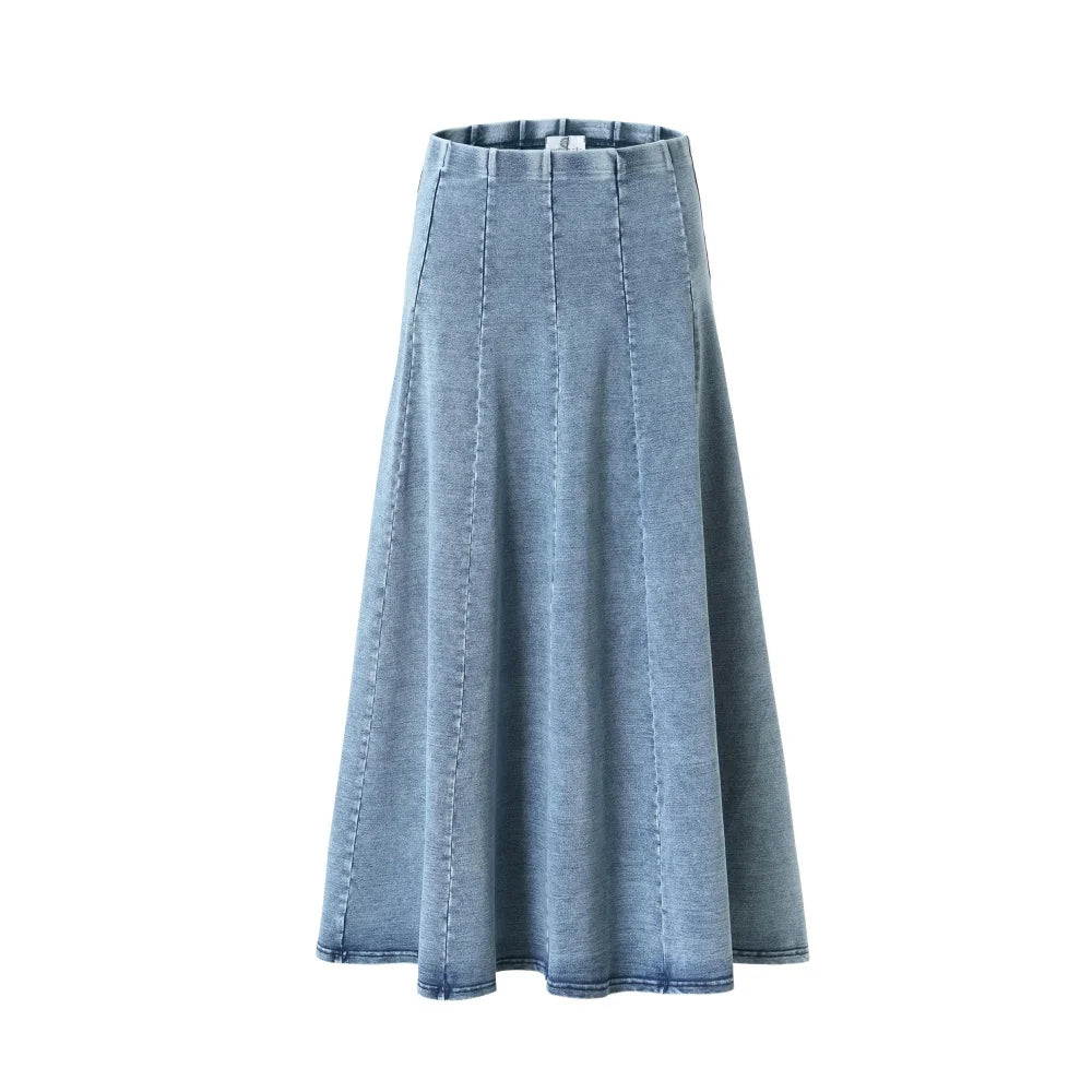 Denim Panel Pleated Skirt for Girls, Teens and Women, Washed Blue and Gray Cotton Styles with Black Jersey Option for Everyday Casual Outfits