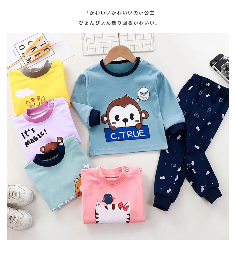 Dinosaur Print Kids Cotton Two-Piece Set with Long Sleeve Top and Matching Cuffed Pants, Unisex Baby and Toddler Outfit in Sizes 73-130