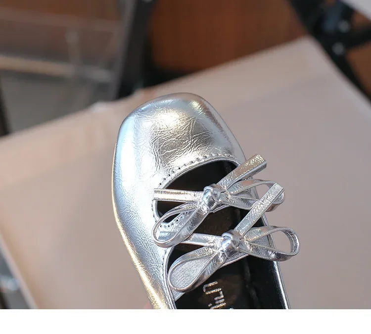 Girls Square-Toe Double-Bow Dress Flats with Cross-Strap Detail in Silver, Black or Gold for Party Outfits, Family Celebrations and Special Occasions