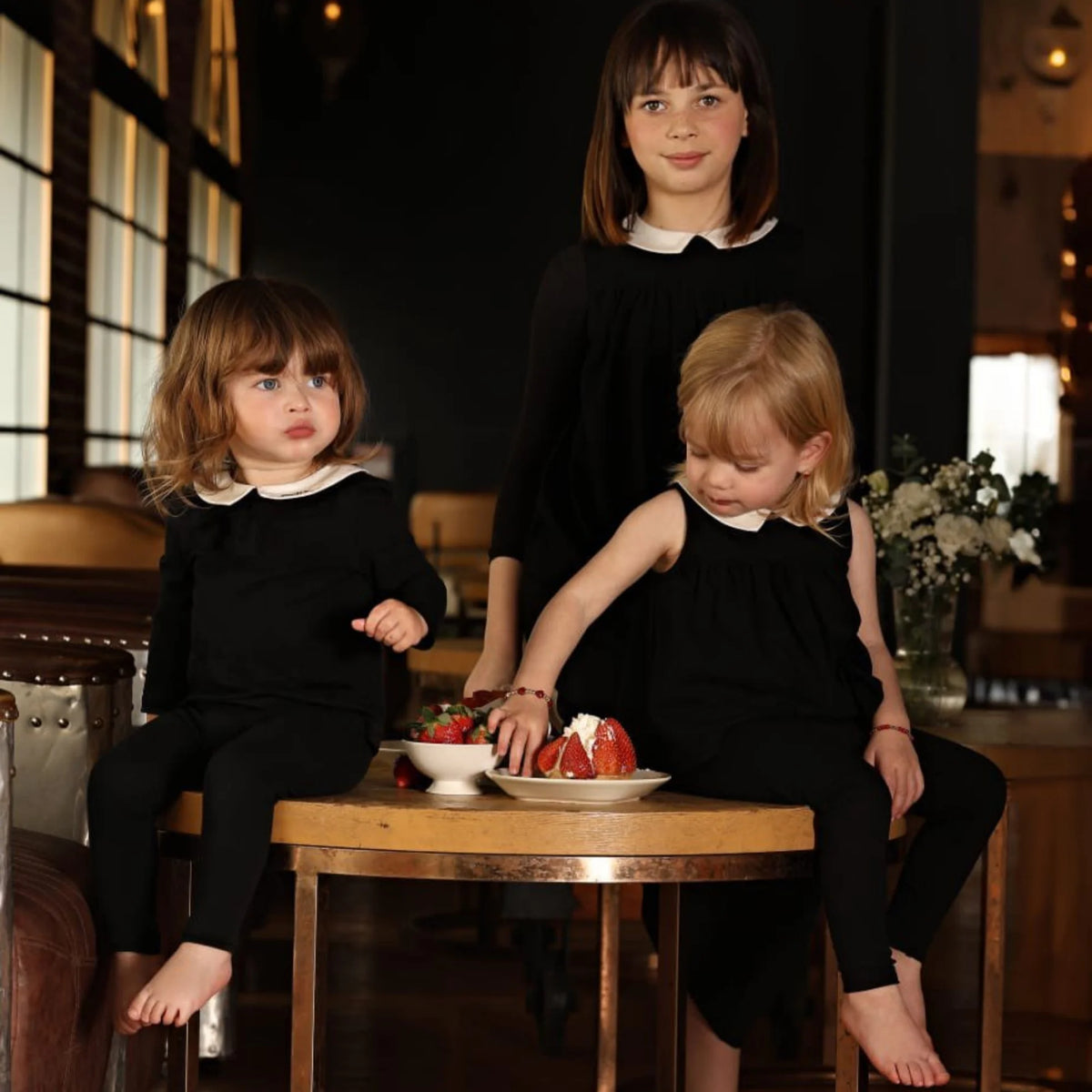 Black and White Collar Kids Outfits, Girls Long Dress and Baby Clothing Set Options with Contrast Collar Detail and Cardigan for Sibling Photos