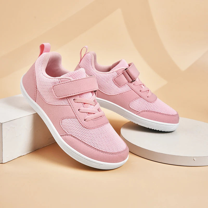 Kids Breathable Mesh Walking Shoes with Wide Toe Design, Hook-and-Loop Strap and Textured EVA Soles in Blue, Black, Pink or Grey
