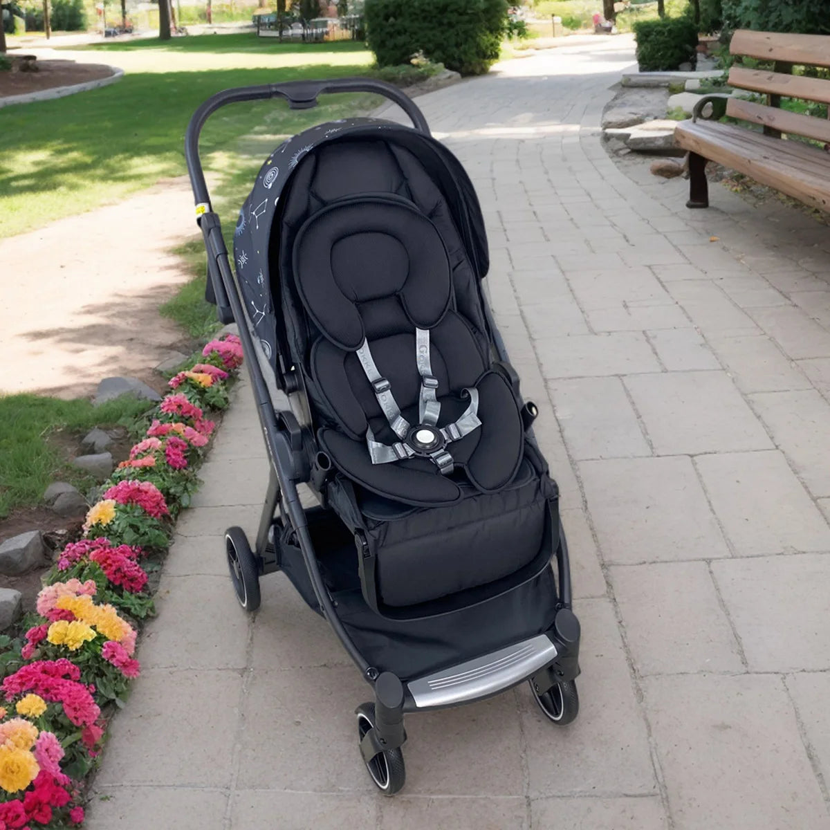 Padded Stroller Seat Insert with Contoured Head and Body Sections, Washable Polyester-Filled Cushion in Black or Gray for Manufacturer-Approved Use