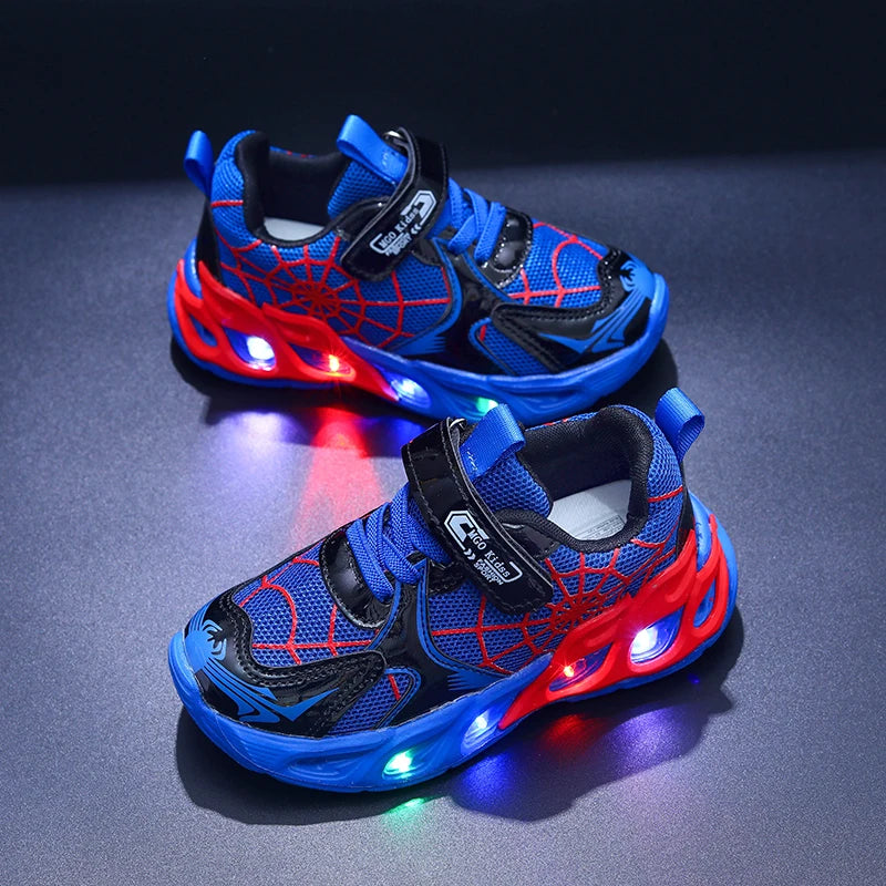 Motion-Activated Light-Up Sneakers for Kids, MGO Breathable Mesh Shoes with Spider-Web Pattern and LED Soles in Red, Blue or Black