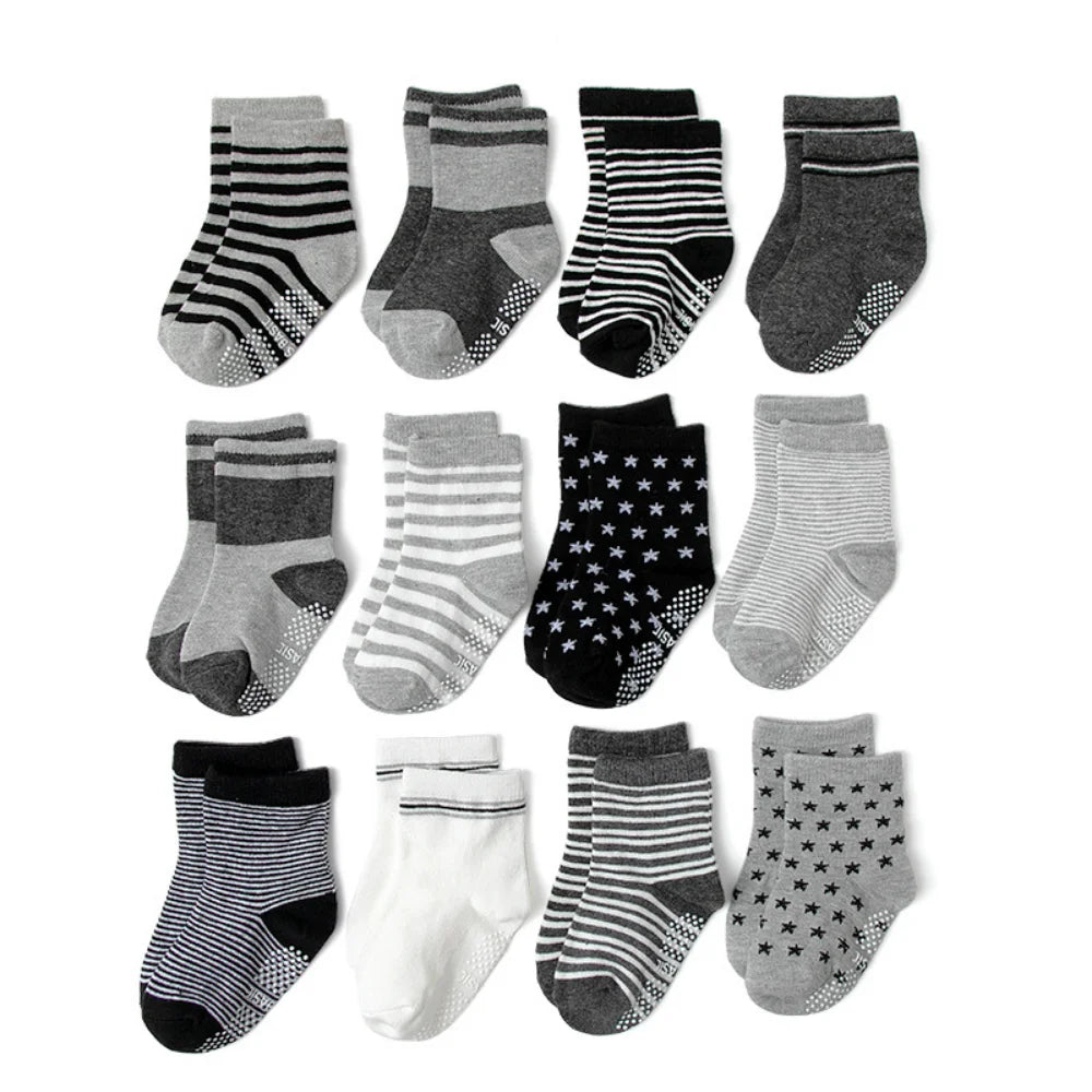 Cotton-Rich Baby Non-Slip Socks 12-Pair Pack, Crew Grip Socks with Ribbed Cuffs and Stretch Fit for Infant and Toddler Boys and Girls
