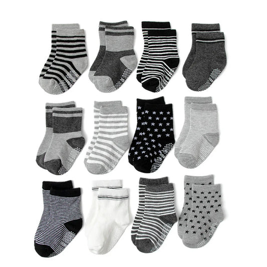 Cotton-Rich Baby Non-Slip Socks 12-Pair Pack, Crew Grip Socks with Ribbed Cuffs and Stretch Fit for Infant and Toddler Boys and Girls