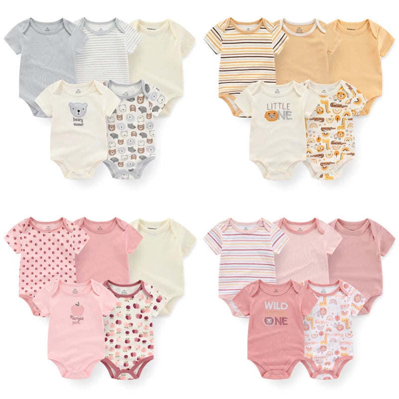 Cotton Baby Bodysuit Set of 5, Short Sleeve and Sleeveless Infant Clothing Styles with Solid Colors and Prints for Boys and Girls, 3M-12M