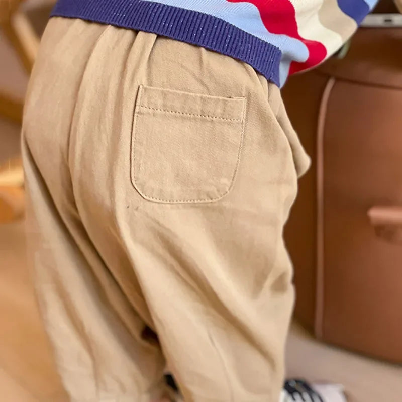 Toddler Pull-On Pants with Elastic Waist and Back Pocket, Solid Color Loose Ankle-Length Trousers for Boys and Girls, Sizes 12M-5T
