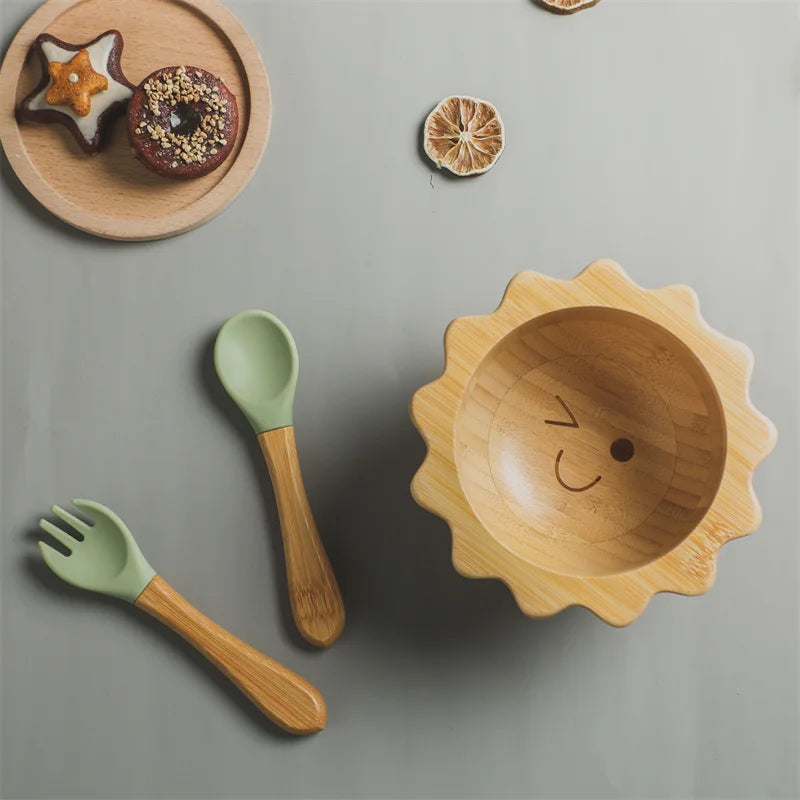 Bamboo Baby Suction Bowl and Tableware Options, Sun, Cloud and Dinosaur Designs with Single-Piece or 3-Piece Wooden-Handle Utensil Sets