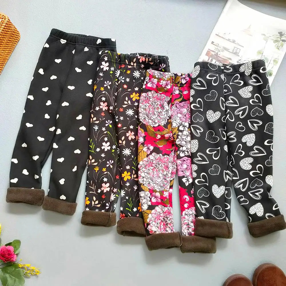 Printed Lined Leggings for Girls, Plush-Textured Winter Pants with Floral Heart and Pattern Options for Toddler and Kids Outfits, Sizes 2-3T to 10-11