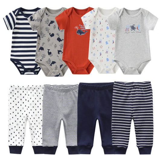 Baby Clothing Sets in Cotton, Unisex Short Sleeve Bodysuits and Pants with Cartoon Prints, 6/9/10-Piece Options for Boys and Girls
