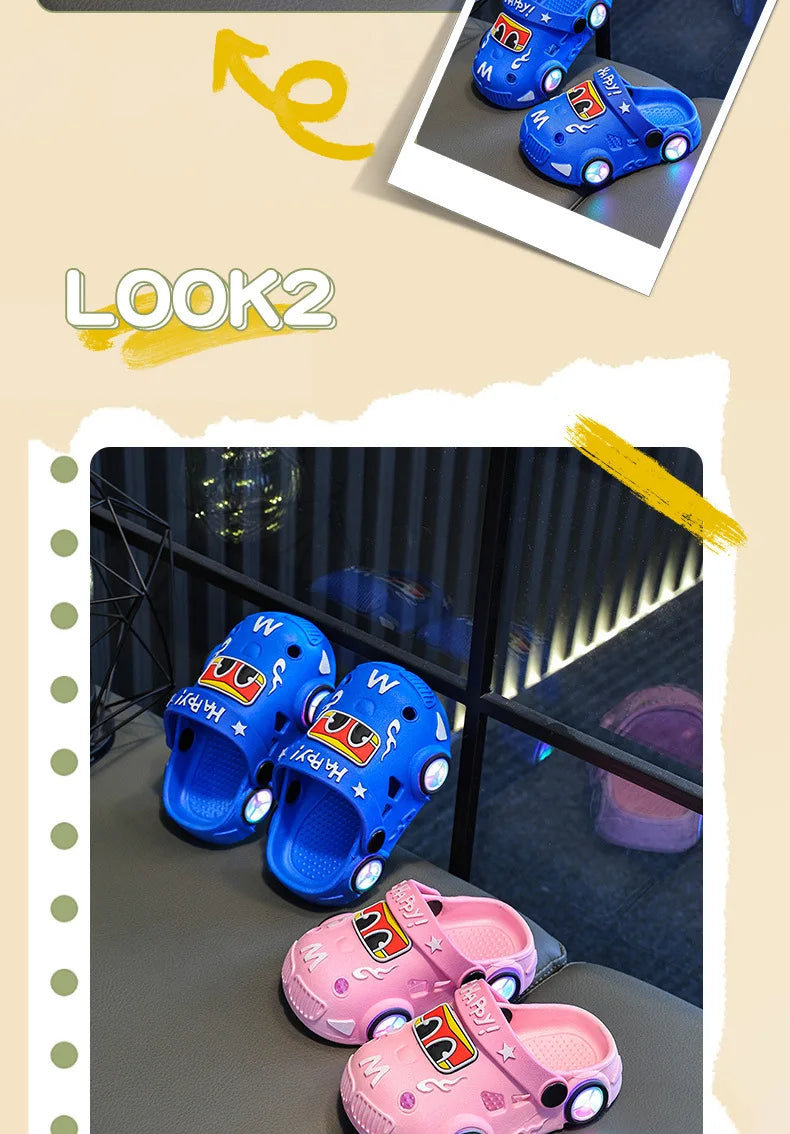 Kids Light-Up Car Clogs with Glowing Wheel Details, Ventilated Closed-Toe Design and Pivoting Heel Strap for Playful Summer Casual Outfits