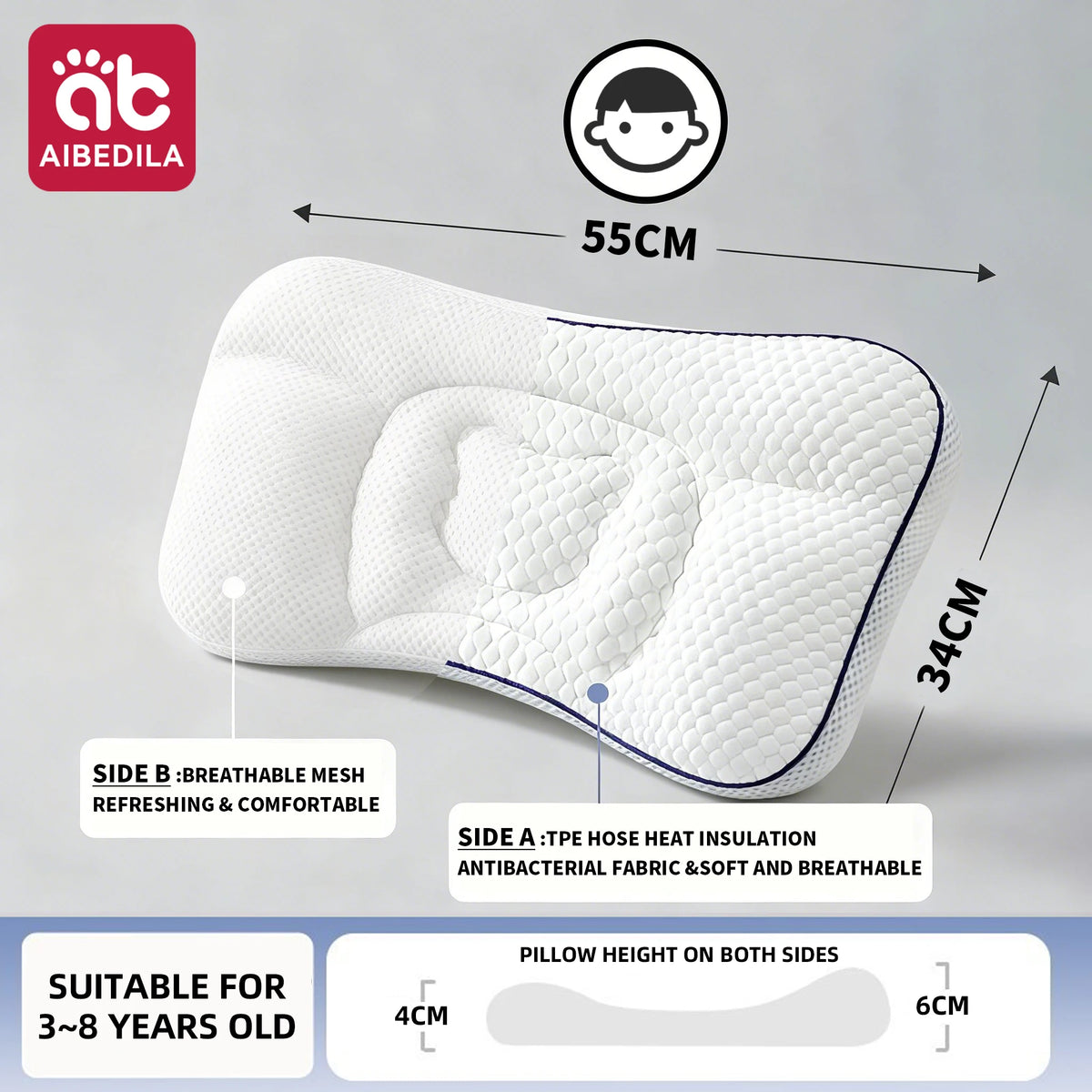 Dual-Sided Kids Contour Pillow with Five-Zone Design, Bamboo Fabric and Tencel Cover, Fiber Filling and T1 T2 T3 Pillowcase Options for Older Children
