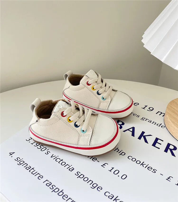 Toddler Colorful Eyelet Sneakers with Lace-Up Front and Contrast Sole Stripe, Beige or Yellow Baby Boys and Girls Casual Spring and Fall Shoes