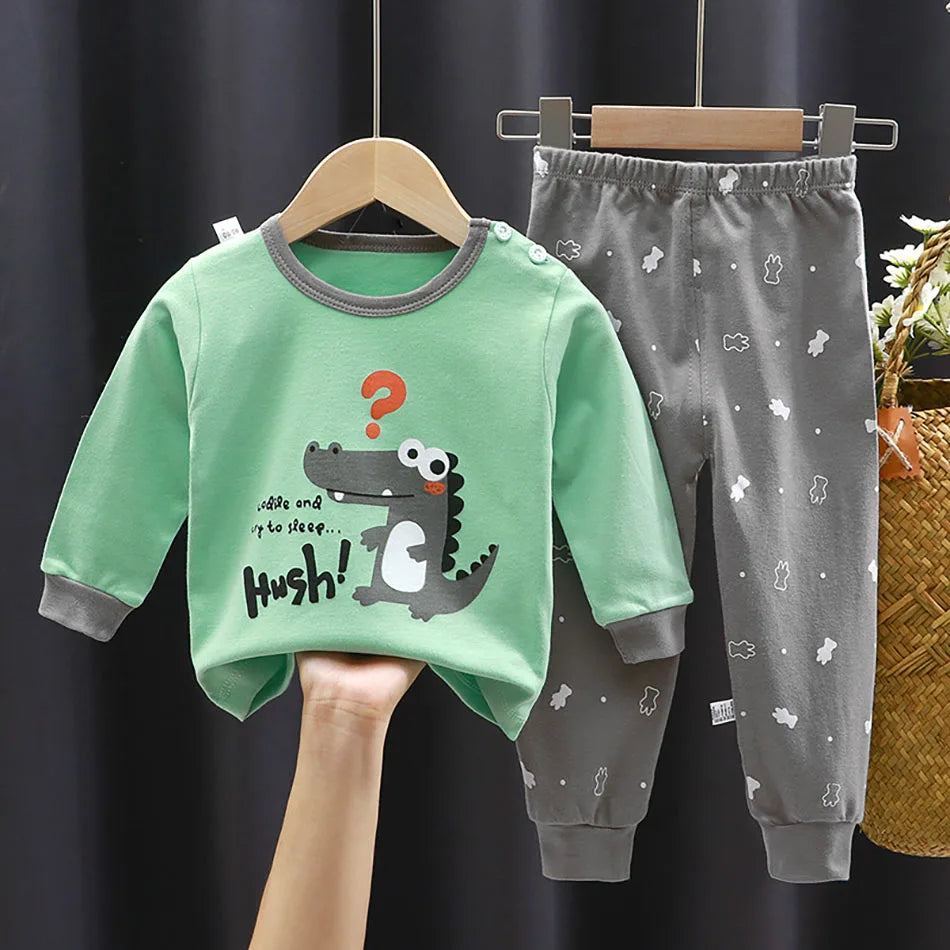 Dinosaur Print Kids Cotton Two-Piece Set with Long Sleeve Top and Matching Cuffed Pants, Unisex Baby and Toddler Outfit in Sizes 73-130
