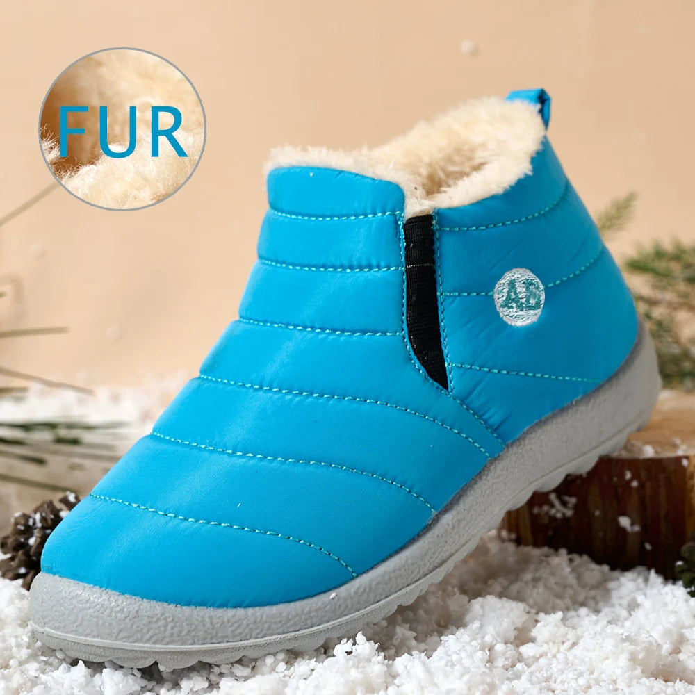 Kids Quilted Ankle Winter Boots with Plush Lining and Side Zippers, Blue Padded Cold-Weather Shoes with Rounded Toes, Sizes 26–35