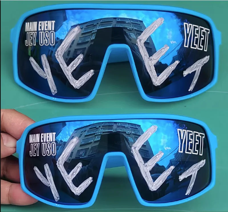 YEET Graphic Sunglasses with Jey Uso Main Event Lettering, Colorful Shield-Style Fan Shades in Children's and Adult Options for Party Outfits