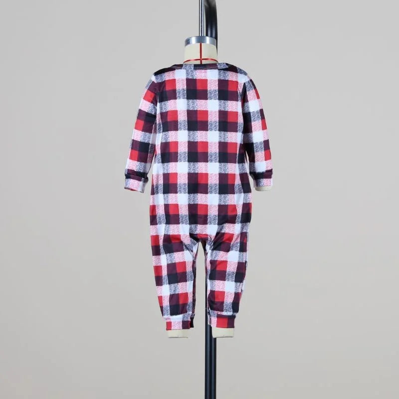 Reindeer Family Matching Pajamas with White Long Sleeve Tops and Red Black Plaid Pants, Christmas Outfits for Mom, Dad, Kids and Baby Size Options