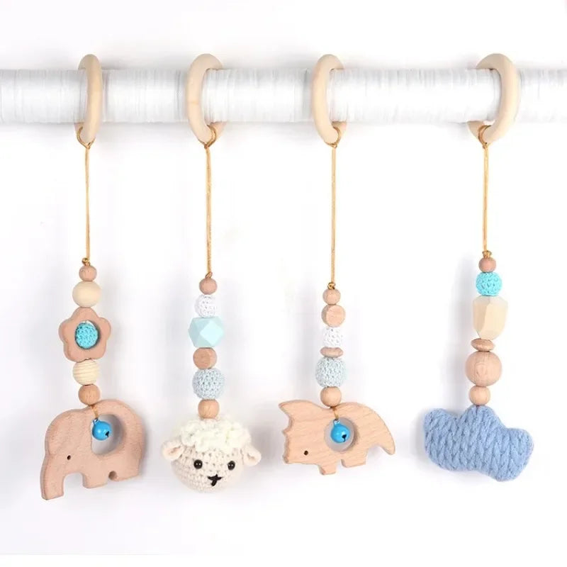 Beech Wood Baby Gym Toy Set, 4 Hanging Animal Pendants with Yarn Details and 5.8 cm Rings for Supervised Looking and Reaching, Frame Not Included