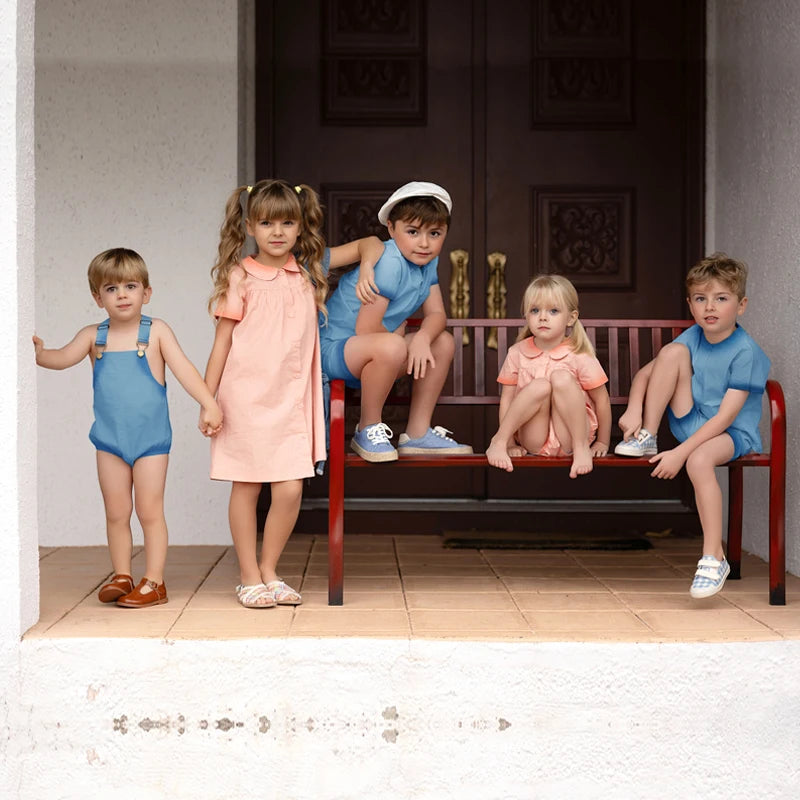 Peach and Blue Sibling Matching Outfits, Cotton Girls Collared Dresses, Boys Shirts and Shorts, Baby Rompers and Toddler Two-Piece Clothing