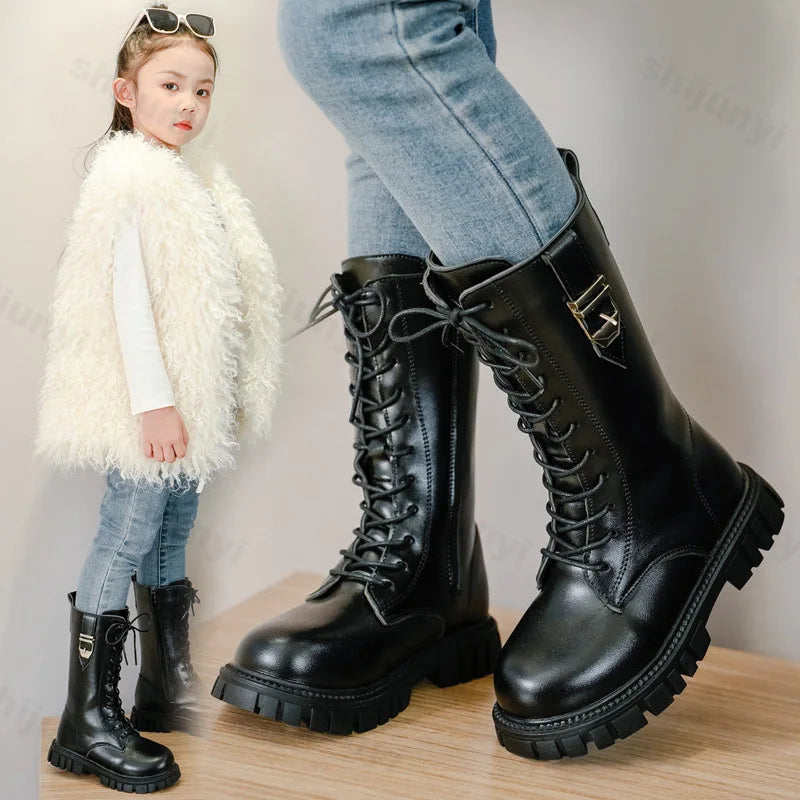 Girls Buckle Detail Tall Boots with Lace-Up Front and Side Zippers, Chunky Lug-Style Soles and Round Toes for Casual Fall Outfits