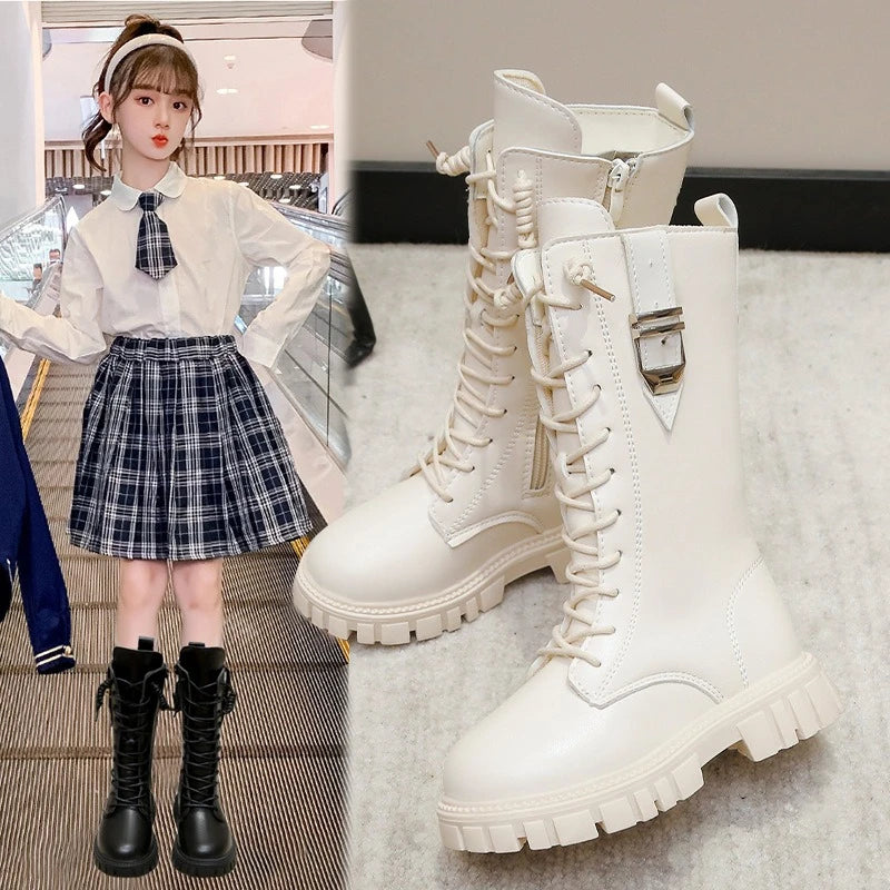 Girls Buckle Detail Tall Boots with Lace-Up Front and Side Zippers, Chunky Lug-Style Soles and Round Toes for Casual Fall Outfits