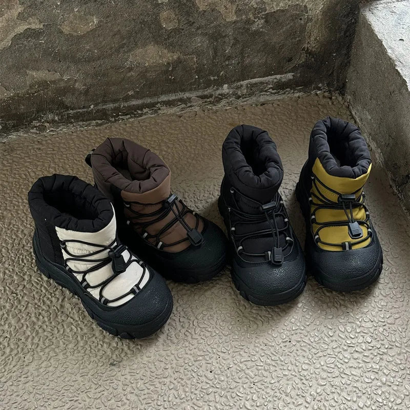 Toggle-Lace Kids Winter Boots with Padded Collars and Chunky Tread Soles, Boys and Girls Snow-Style Ankle Shoes in Four Colors, Sizes 26-37