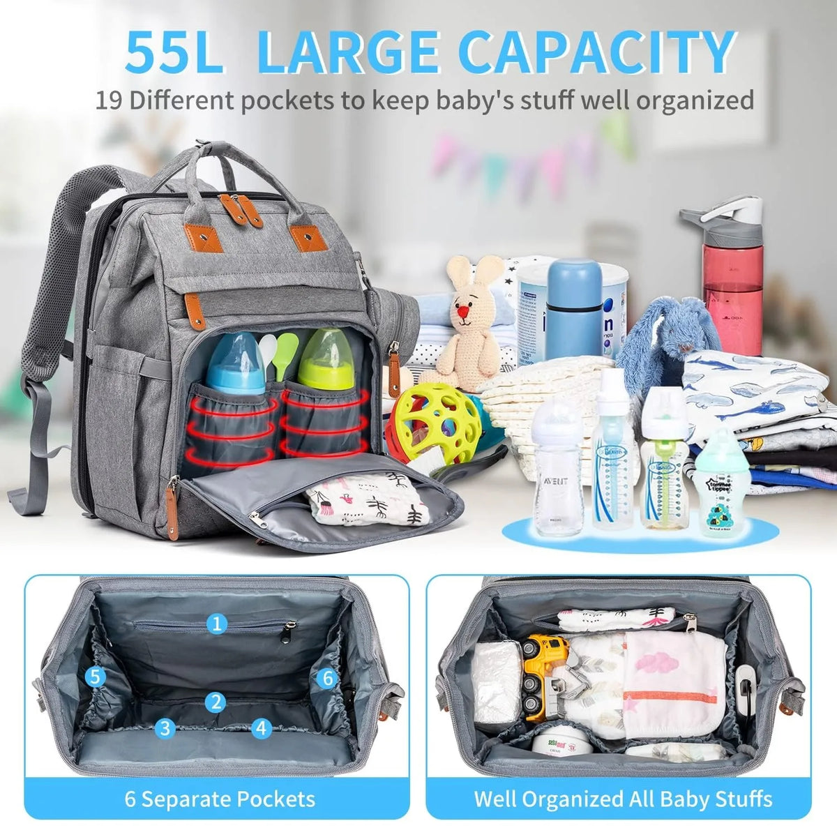 19-Pocket Diaper Backpack with Detachable Changing Station and USB Port, Baby Essentials Organizer with Pacifier Case for Moms and Dads