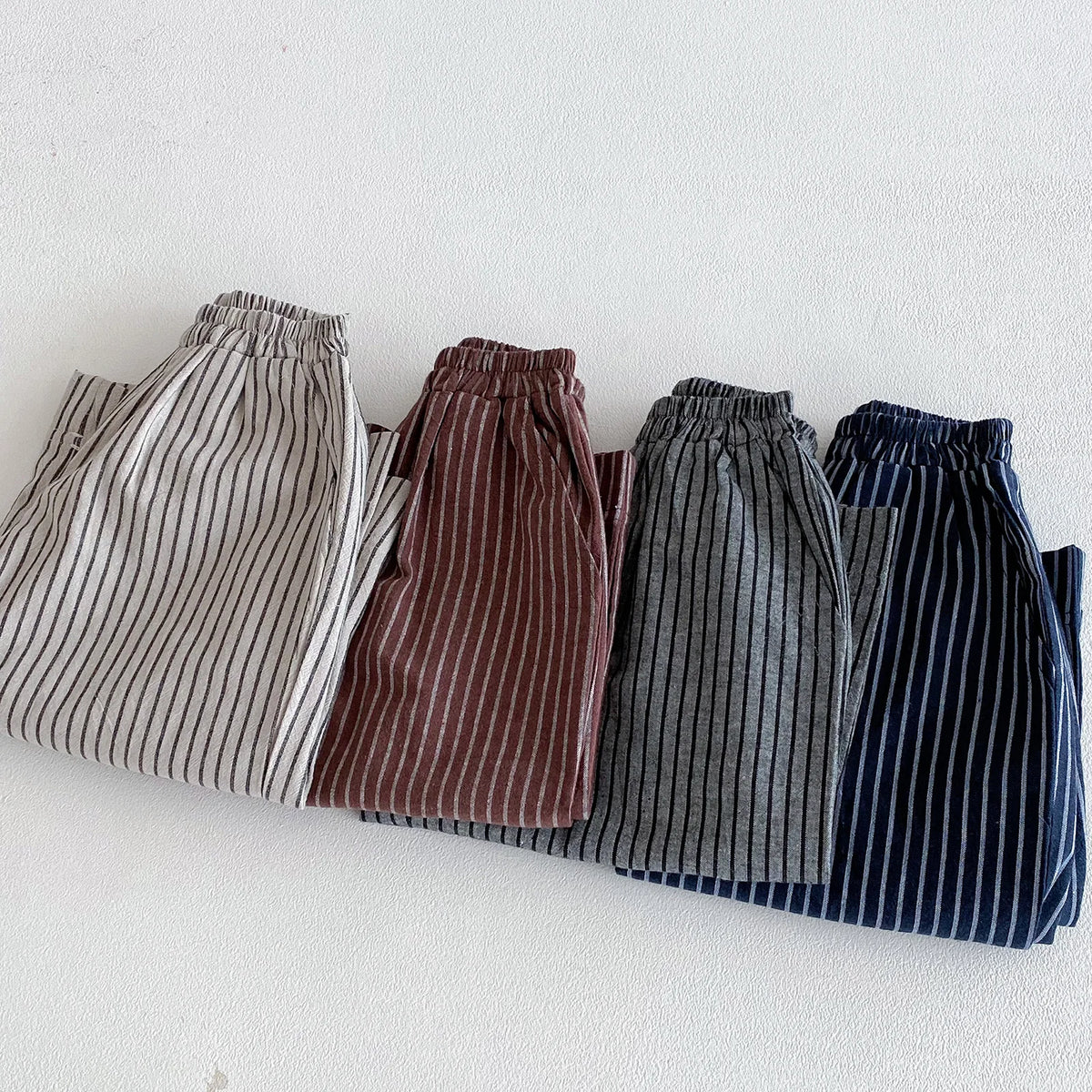 Cotton Toddler Striped Pants with Pull-On Elastic Waist, Relaxed Long Trousers for Boys and Girls in Six Colors, Sizes 12-24M to 5-6Y