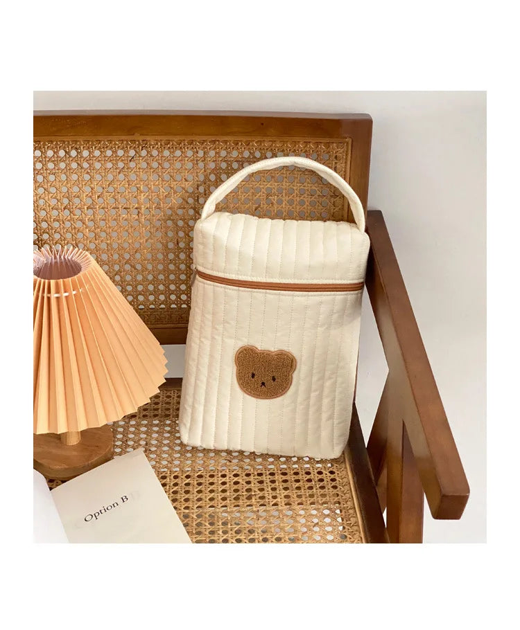 Quilted Diaper Bag with Bear Applique, Beige Cotton Zippered Baby Essentials Organizer with Carry Handle for Moms and Everyday Outings