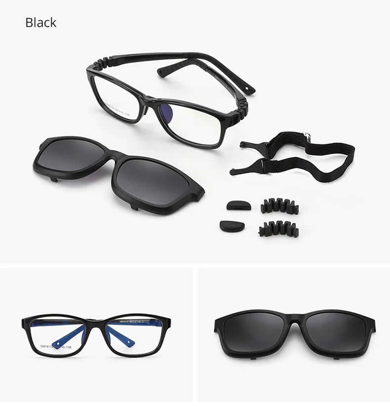 Kids Clip-On Sunglasses by Ralferty, 2-in-1 Children's Eyeglass Frame with Polarized Sun Clip for Everyday Outings and Family Travel