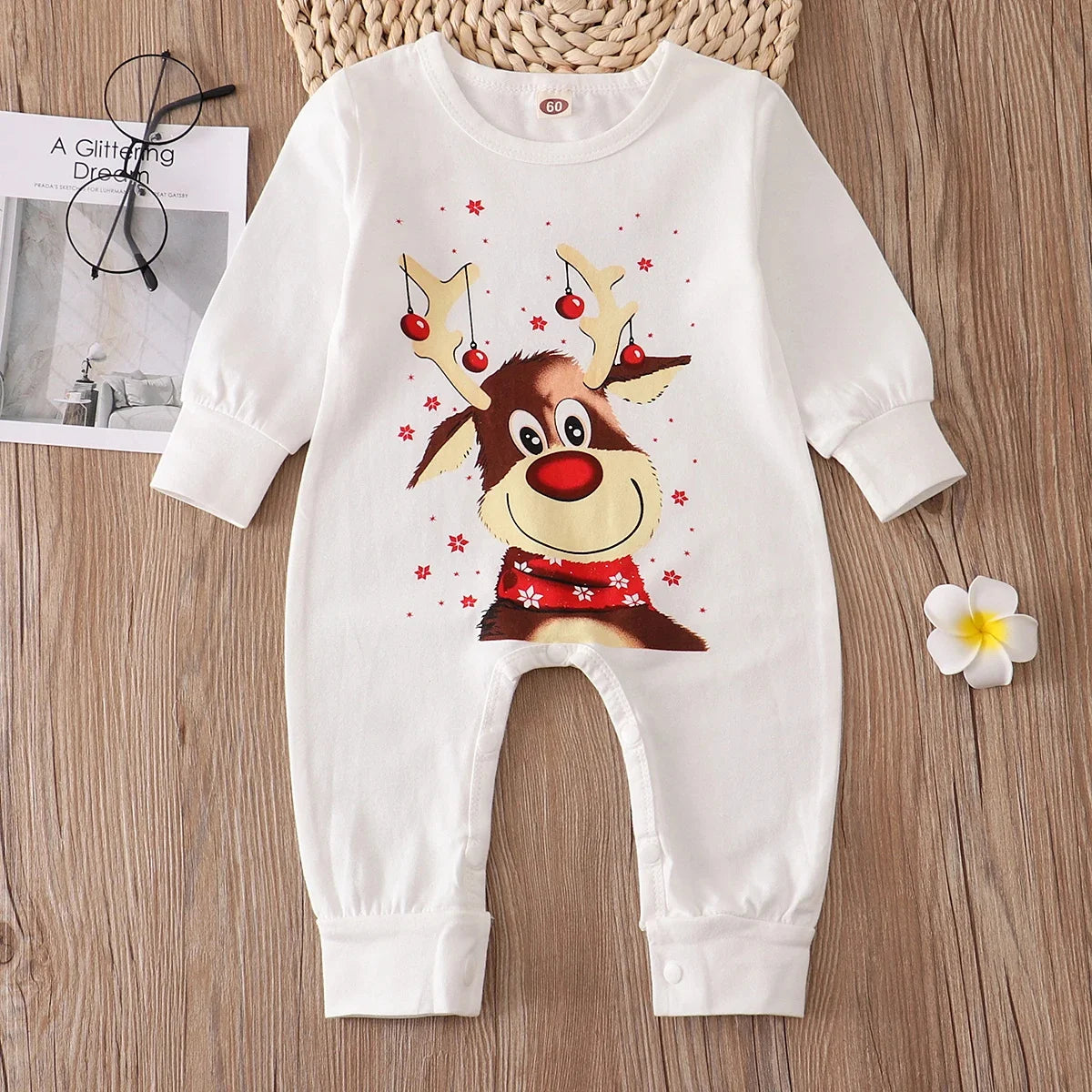 Red-Nose Reindeer Family Christmas Pajamas with White Long Sleeve Tops and Red Black Plaid Pants, Matching Mom Dad Kids Sets and Baby Jumpsuit Options