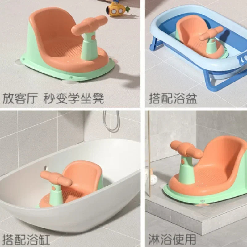 Drainage-Hole Baby Bath Seat with Suction-Cup Base, Removable Front Armrest and High Backrest in Multiple Colors for Closely Supervised Bathing