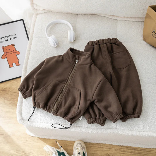 Toddler Fleece Tracksuit Set with Stand-Collar Zip-Up Jacket and Elastic Waist Pants, Beige or Coffee Outfit for Boys and Girls, 12M–6T