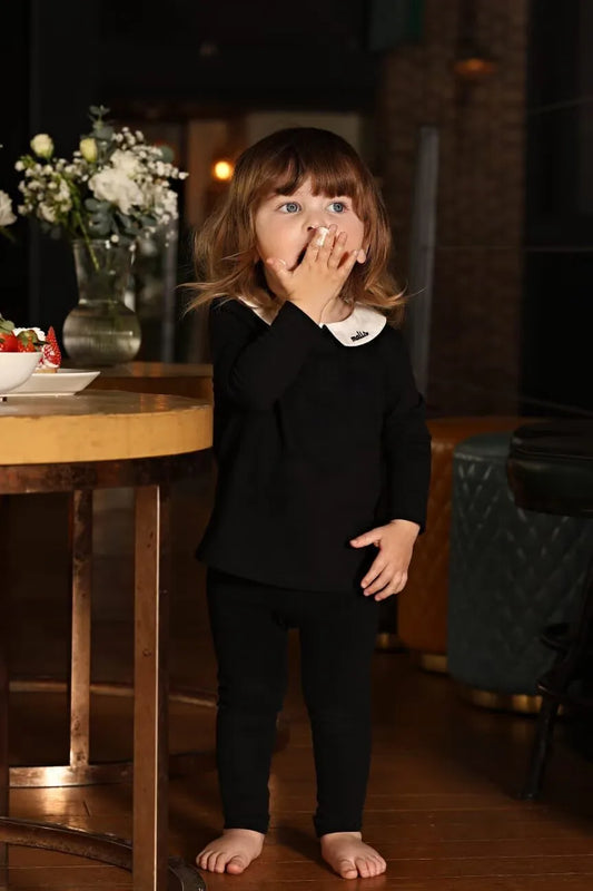 Black and White Collar Kids Outfits, Girls Long Dress and Baby Clothing Set Options with Contrast Collar Detail and Cardigan for Sibling Photos
