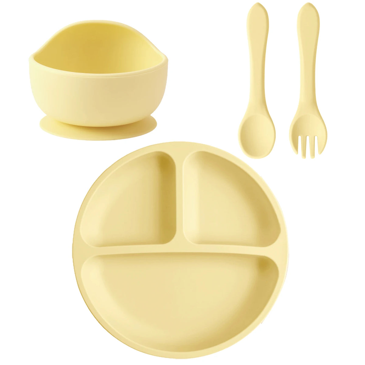 Four-Piece Silicone Baby Feeding Set with Three-Section Suction Plate, Bowl, Spoon and Fork for Supervised Toddler Meals in Ten Color Options