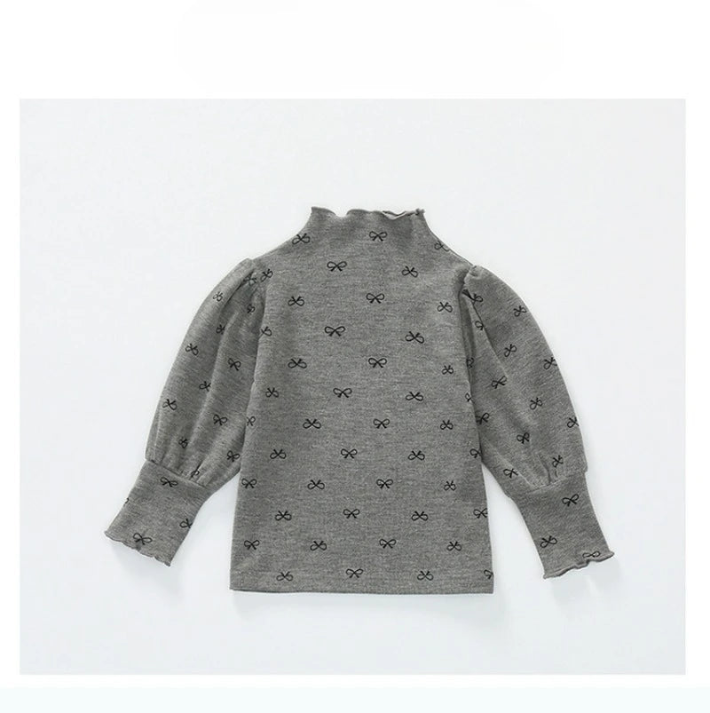 Girls High Neck Long Sleeve Shirt with Allover Bow Print, Beige or Gray Layering Top for Everyday Fall and Winter Outfits and Family Gatherings