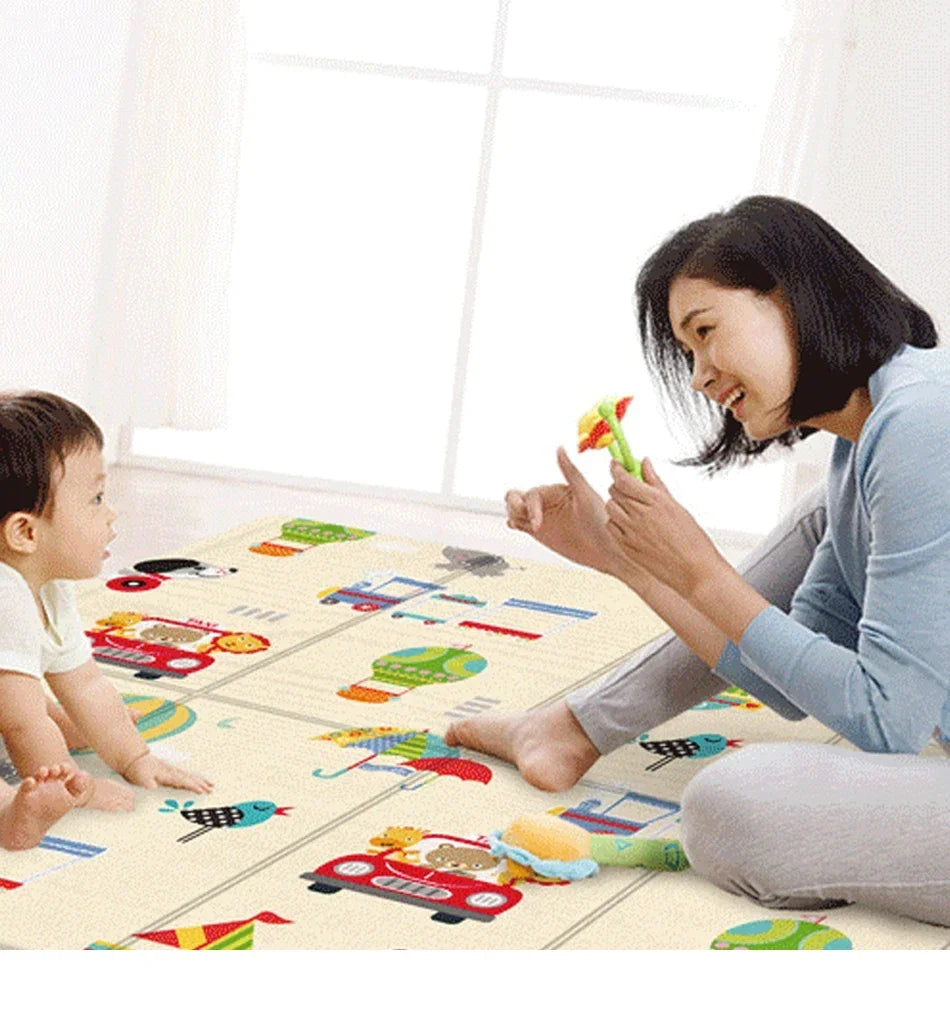 Foldable Baby Activity Mat with Double-Sided Prints, LDPE Padded Wipe-Clean Floor Surface and Carry Bag for Supervised Tummy Time and Toddler Play