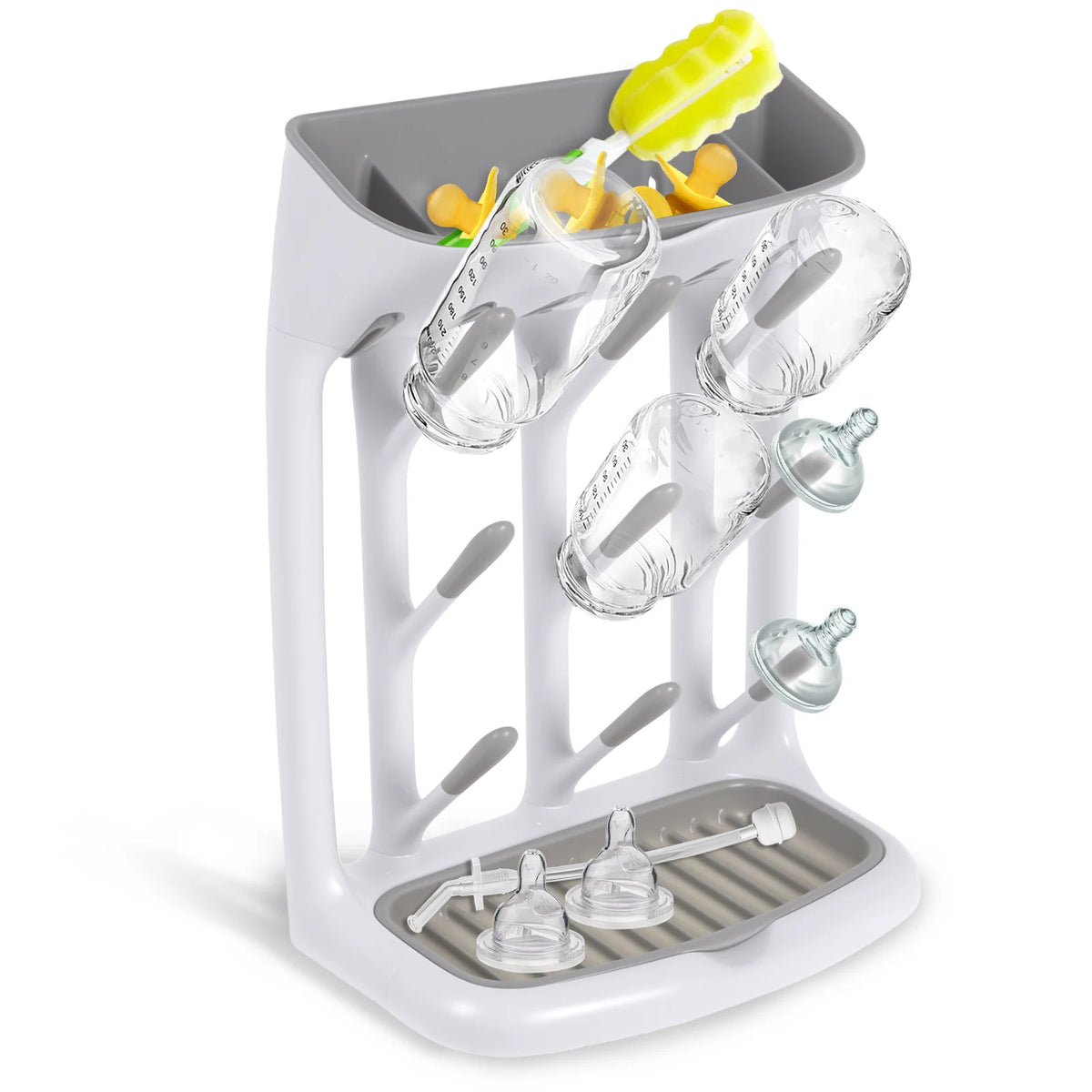 Angled-Holder Baby Bottle Drying Rack with Top Accessory Storage and Detachable Drain Tray, ABS and PP Countertop Feeding Organizer