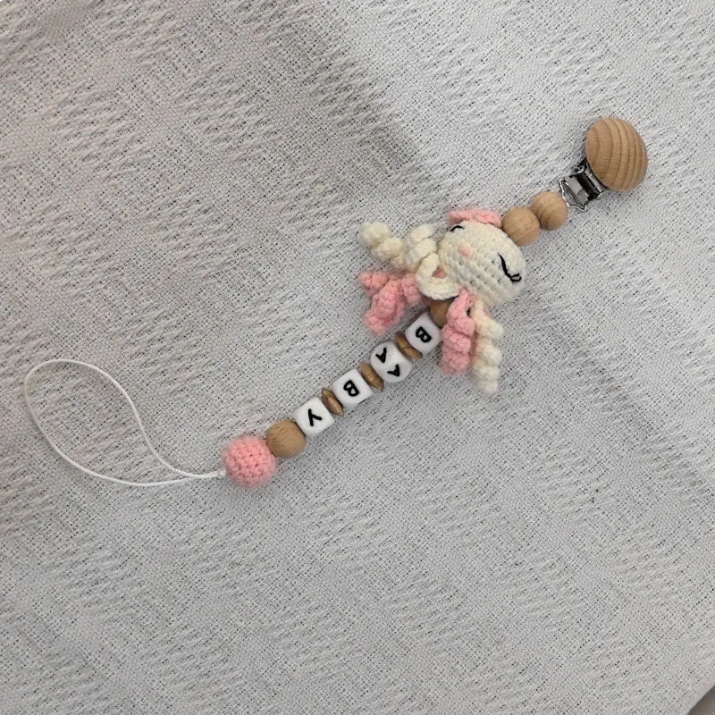 Custom Name Pacifier Clip with Crochet Animal Detail, Beech Wood Holder and Letter Beads, Personalized Baby Shower Gift for Everyday Outings
