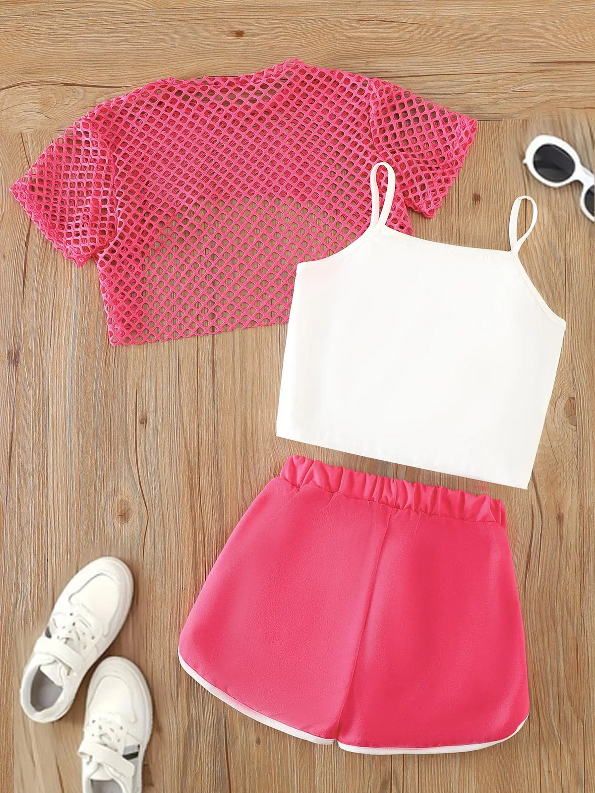Girls Mesh Top and Shorts Outfit with Brooklyn Print Cami, Three-Piece Summer Set with Short Sleeves and Elastic Waist for Ages 8-12