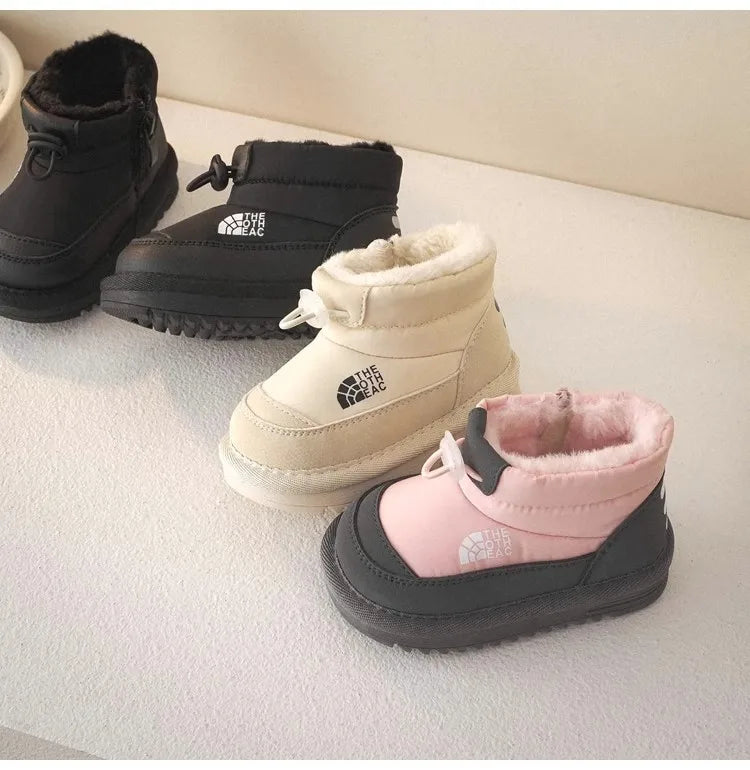 Plush-Lined Kids Snow Boots with Side Zippers and Chunky Platform Soles, Boys and Girls Winter Ankle Boots in Pink, Black and Ivory